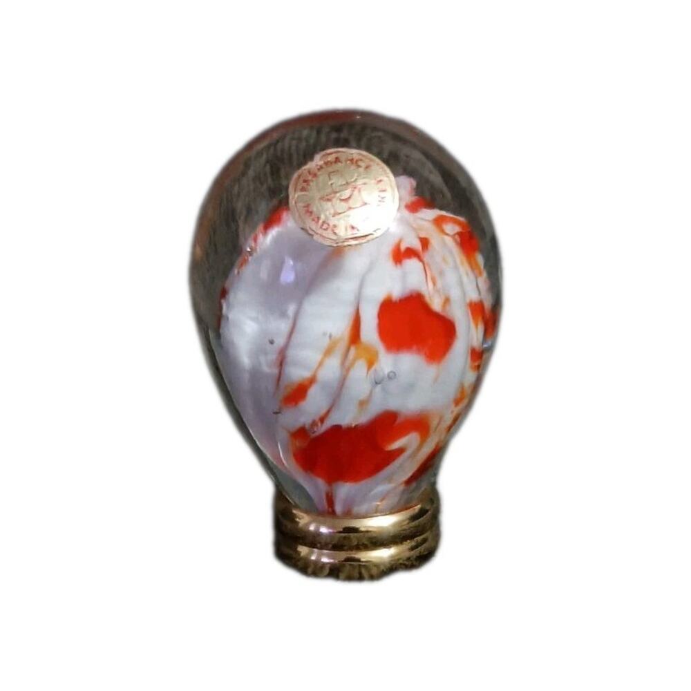 Turkish Pasabahce Red & White Flower Glass Paperweight With Gold Display Ring